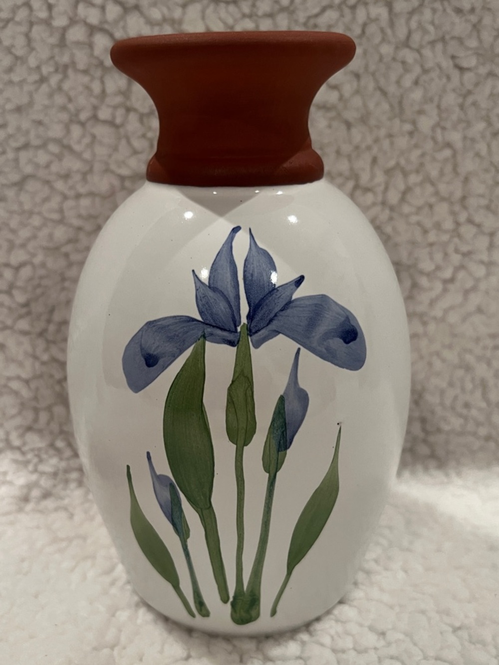 Emerson Creek Pottery Bud Vase Blue Iris Flower, Red Clay, Hand Painted VA, 1992
